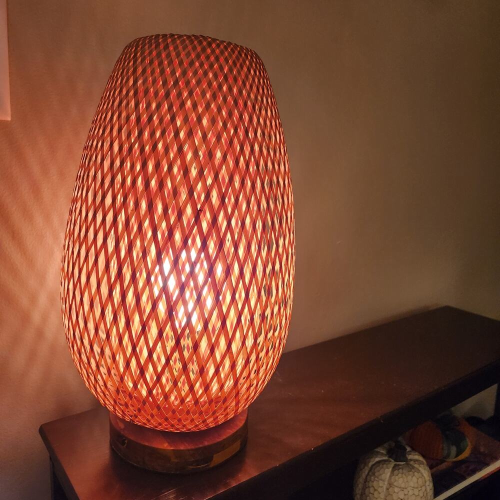 Wicker Rattan Table Lamp Boho Woven Bamboo Basket Shade Wood Base Vintage Style